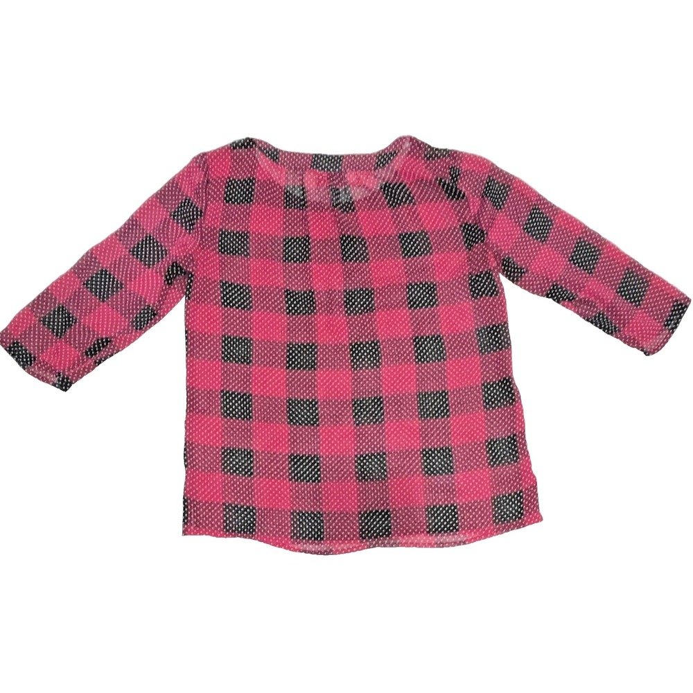 Additions by Chico's Pink Black Plaid Polka Dot Sheer Blouse 3/4 Sleeve Top